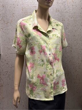Jamaica Bay Silk/Rayon button-Front Tropical Short Sleeve blouse